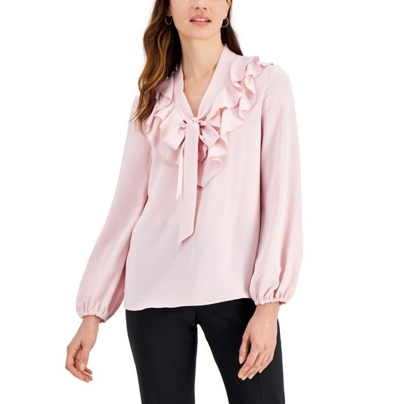 KASPER Ruffled Tie-Neck Top in Petal - Size Small - Picture 1 of 3